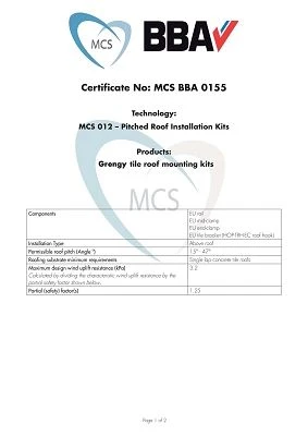 Certificate NO MCS BBA 0155 Page1 of solar panel hook(001)